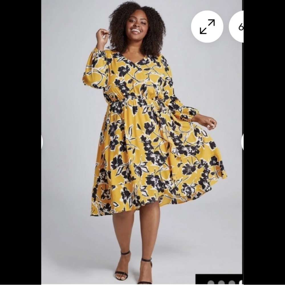 Lane Bryant Yellow Floral Midi Dress with Black Print